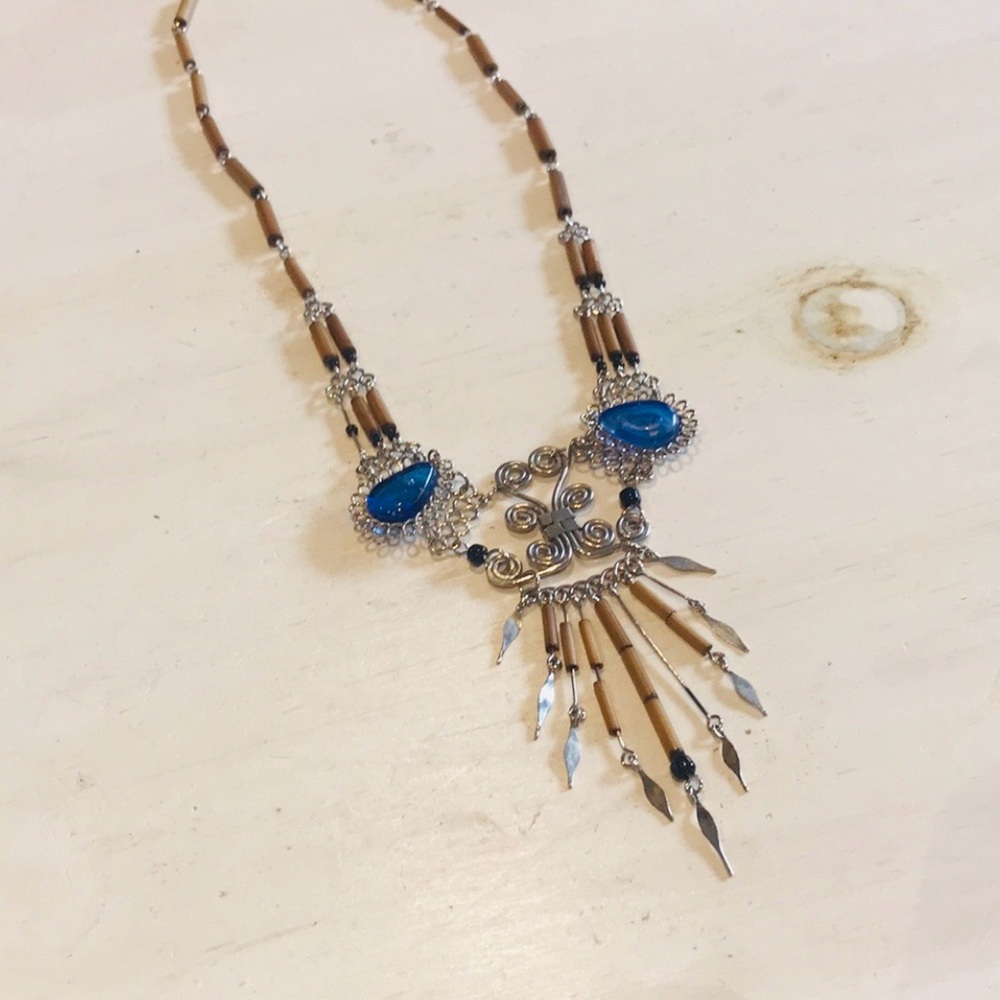 Peruvian Style Blue Glass and Bamboo Necklace